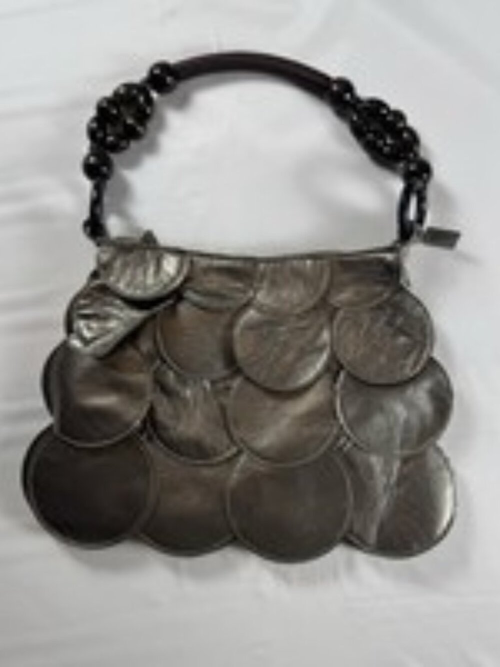 Vintage Y2K Shoulder Bag Metallic Bronze Disc Scalloped Scale Beaded Wood Handle